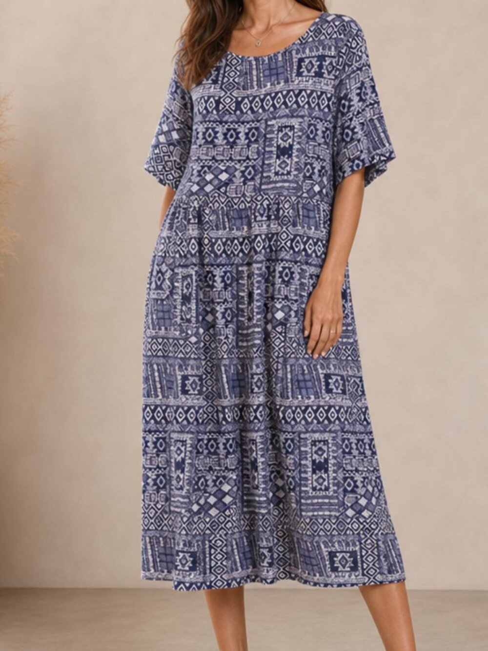Navy and White Geometric Print Midi House Dress Large